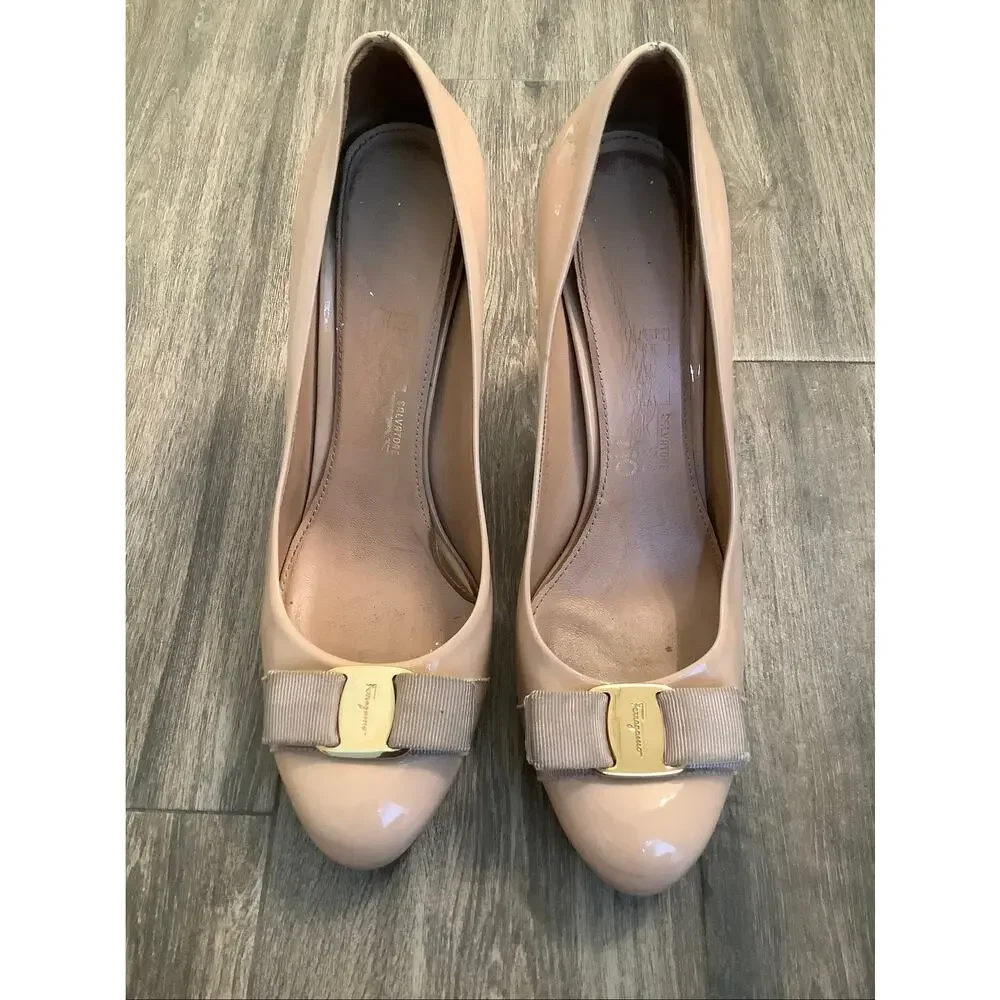 Salvatore Ferragamo Women's 8 Beige Leather Pimpa Bow Stiletto Heel Pumps V8-7